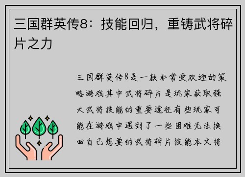 三国群英传8：技能回归，重铸武将碎片之力